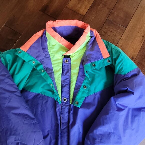Retro St Moritz Ski Team Color Block Ski Jacket Size XL 80s Purple Orange Green - Picture 2 of 10